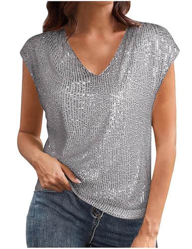 Damen Pailletten Bluse V-Ausschnitt Glitzer Oberteile Kurzarm Vintage Paty-Bluse Cocktail Club Night Outfits von CSKJ
