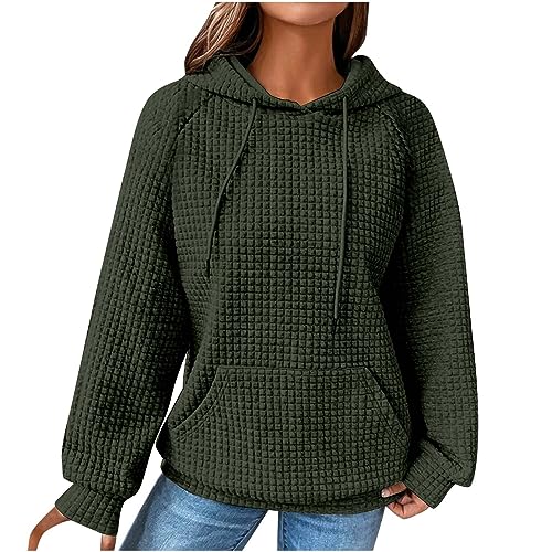 Damen Parka - Kapuzenpullover Damen Vintage Waffel Pullover mit Kapuze Sweatshirt Casual Langarm Hoodie Langarmshirt Baumwolle Sport Kapuzenpulli Herbst Winter Warm Outwear, Armeegrün, L von CSKJ