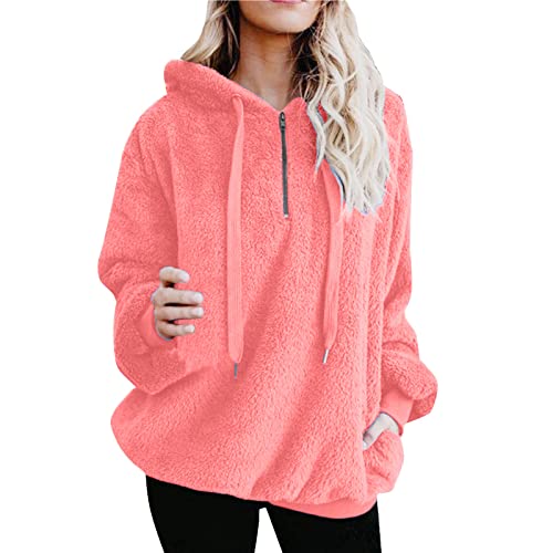 Damen Pullover Winter - Hoodie Damen Kapuzenpullover Teddy-Fleece Pullover Herbst Winter Warm Oberteil Langarm Einfarbig Casual Sweatshirt Hoodie Plüschjacke, rosa, L von CSKJ