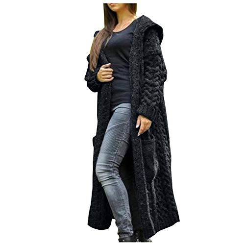 Damen Strickjacke - Strickjacke Damen mit Kapuze Langarm Grobstrick-Cardigan Open Front Sweater Herbst Winter Casual Strickcardigan Pullover mit Taschen, Schwarz, XXL von CSKJ