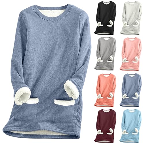 Damen Sweatshirt - Damen Teddy Fleece Sweatshirt mit Taschen Warme Sherpa Gefüttertes Pullover Herbst Winter Casual Pulli Langarmshirt Tops Einfarbig Thermounterwäsche, Marineblau, M von CSKJ