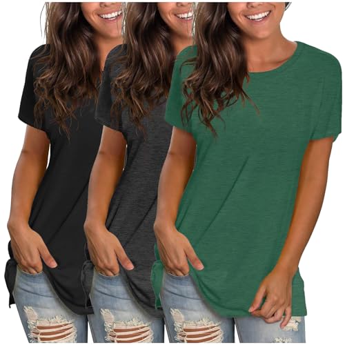 Damen T-Shirt Baumwolle Kurzarm Basic Sommer Rundhals T-Shirts Oberteile Top Bluse 3er Pack von CSKJ