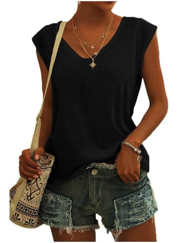 Damen T-Shirt Kurzarm V-Ausschnitt Flügelärmeln Oberteile Blusen Sommer Casual Lose Tank Top Basic Mädchen Tops von CSKJ