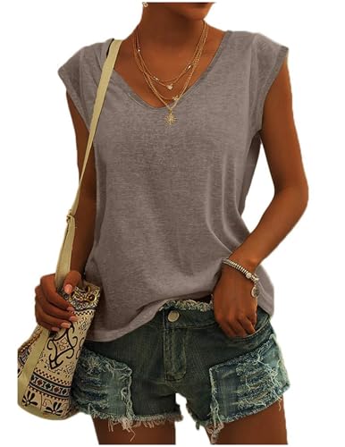 Damen T-Shirt Kurzarm V-Ausschnitt Flügelärmeln Oberteile Blusen Sommer Casual Lose Tank Top Basic Mädchen Tops von CSKJ