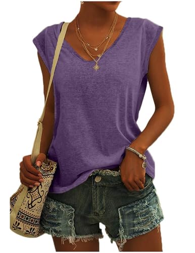 Damen T-Shirt Kurzarm V-Ausschnitt Flügelärmeln Oberteile Blusen Sommer Casual Lose Tank Top Basic Mädchen Tops von CSKJ