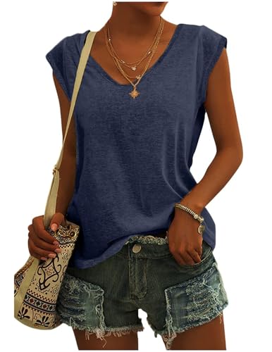 Damen T-Shirt Kurzarm V-Ausschnitt Flügelärmeln Oberteile Blusen Sommer Casual Lose Tank Top Basic Mädchen Tops von CSKJ