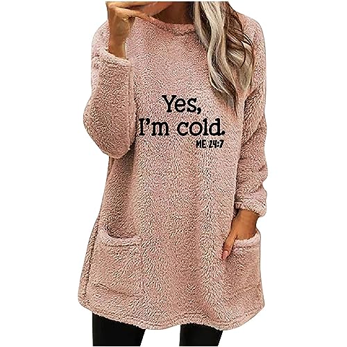 Damen Winterjacke Sale Damen Teddy Fleece Sweatshirt mit Taschen Warmes Sherpa Gefüttertes Pullover Winter Casual Langarmshirt Oberteile Einfarbig Thermounterwäsche, Rosa, M von CSKJ