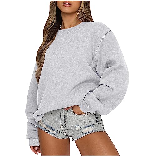 Damen Winterjacke Sale - Damen übergroße Sweatshirt mit Rundhalsausschnitt Kurz Pullover Loose Casual Oberteil Oversized Langarmshirt, Grau, M von CSKJ