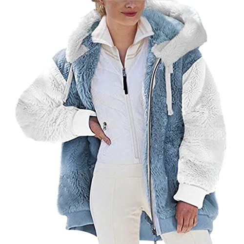 Daunenjacke Damen Winter - Winterjacke Damen Lang Warm Gefüttert Teddy Fleecejacke Mantel Kapuzenpullover Kuscheljacke Flauschig Plüschjacke Sweatshirt Winterjacke, Blau, L von CSKJ