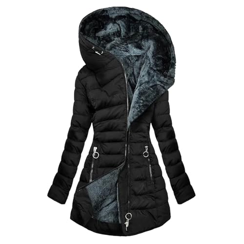 Daunenjacken Fleecejacken Sport Steppjacke Damen Warmer Lang Winterjacke Gefüttert Fleece Elegant Pufferjacke Langarm Casual Fleecejacke mit Kapuze Wintermantel Winter Outdoor Trachtenjacke von CSKJ