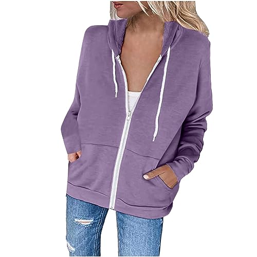 Decken Hoodie - Damen Sweatjacke Hoodie Sweatshirtjacke Pullover Oberteile Kapuzenpullover Einfarbig Full Zip Casual Hoodie Sweatshirt, Lila, XXL von CSKJ