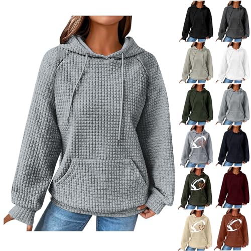 Deckenpullover - Kapuzenpullover Damen Vintage Waffel Pullover mit Kapuze Sweatshirt Casual Langarm Hoodie Langarmshirt Baumwolle Sport Kapuzenpulli Herbst Winter Warm Outwear, Grau, XL von CSKJ