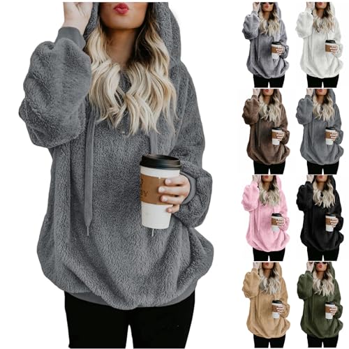 Dicke Winterjacke Damen - Hoodie Damen Kapuzenpullover Teddy-Fleece Pullover Herbst Winter Warm Oberteil Langarm Einfarbig Casual Sweatshirt Hoodie Plüschjacke, dunkelgrau, 4XL von CSKJ