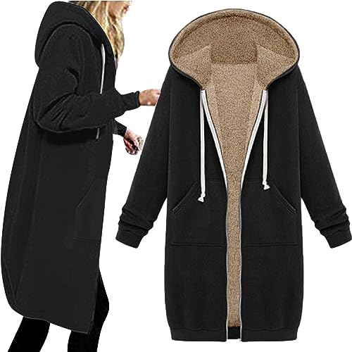 Dicke Winterjacke Damen - Winterjacke Damen Teddy Fleecejacke Warm Gefüttert Winter Plüschjacke Lang Einfarbig Winterpullover Hooded Jacke Casual Kapuzenpullover mit Tasche, Schwarz, M von CSKJ