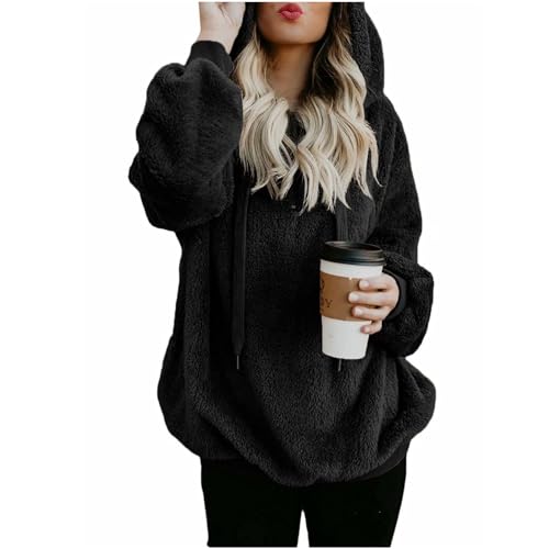 Einkaufskorb - Hoodie Damen Kapuzenpullover Teddy-Fleece Pullover Herbst Winter Warm Oberteil Langarm Einfarbig Casual Sweatshirt Hoodie Plüschjacke, schwarz, XXL von CSKJ