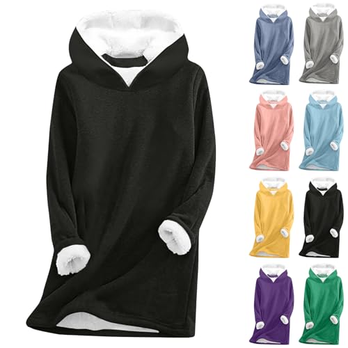 Einkaufstrolley - Hoodie Damen Kapuzenpullover Teddy Fleece Sweatshirt Warmes Sherpa Gefüttertes Pullover mit Kapuze Winter Casual Langarmshirt Oberteile Einfarbig Thermounterwäsche, schwarz, L von CSKJ