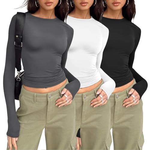 Enge Oberteile Damen Damen Langarmshirt Y2k Slim Fit Einfarbig Langarm Shirt Elegant Sexy Crop Tops Y2k Clothes Fashion Longsleeve für Frauen Mädchen von CSKJ