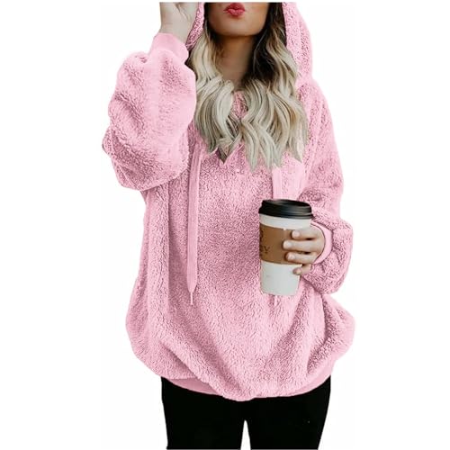Essentials Hoodie - Hoodie Damen Kapuzenpullover Teddy-Fleece Pullover Herbst Winter Warm Oberteil Langarm Einfarbig Casual Sweatshirt Hoodie Plüschjacke, rosa, 5XL von CSKJ