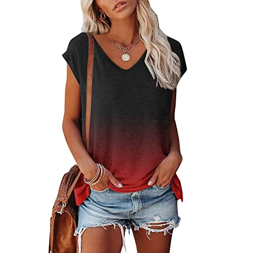 Farbverlauf Tshirt Damen Baumwolle Oberteile Kurzarm Shirt V Ausschnitt Oberteil Lose T-Shirt Lässig Pullover Sweatshirt Basic Tshirt Casual Tunika Top Bluse von CSKJ