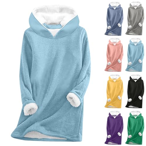 Fleecejacke Damen - Hoodie Damen Kapuzenpullover Teddy Fleece Sweatshirt Warmes Sherpa Gefüttertes Pullover mit Kapuze Winter Casual Langarmshirt Oberteile Einfarbig Thermounterwäsche, hellblau, L von CSKJ