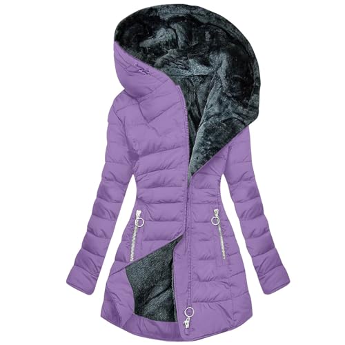 Fleecejacke Damen Lang mit Kapuze Wintermantel Kuschelig Fleecefutter Parka Mantel Große Größen Flauschiger Teddy Plüsch Steppjacke Windbreaker Trenchcoat Gepolsterte Übergangsmantel Kapuzenjacke von CSKJ