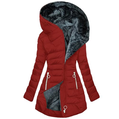 Fleecejacke Damen Lang mit Kapuze Wintermantel Kuschelig Fleecefutter Parka Mantel Große Größen Flauschiger Teddy Plüsch Steppjacke Windbreaker Trenchcoat Gepolsterte Übergangsmantel Kapuzenjacke von CSKJ