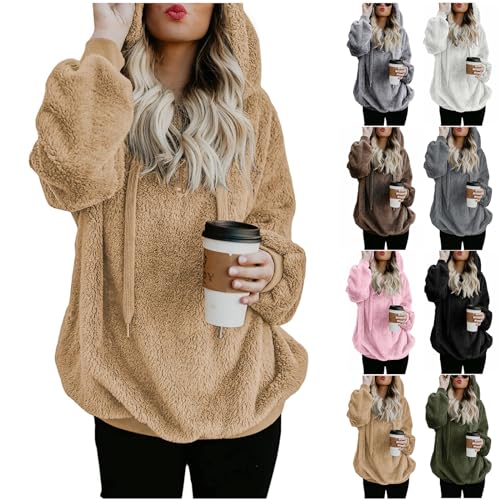 Fleecepullover Damen - Hoodie Damen Kapuzenpullover Teddy-Fleece Pullover Herbst Winter Warm Oberteil Langarm Einfarbig Casual Sweatshirt Hoodie Plüschjacke, Khaki, M von CSKJ