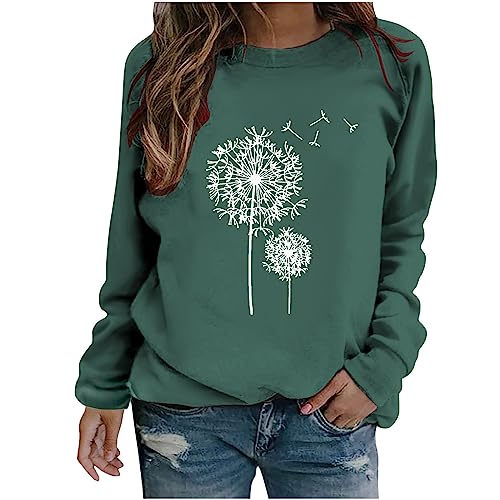 Fleecepullover Damen - Pullover Damen Sweatshirt Löwenzahn Drucken Langarm Rundhals Pulli Herbst Winter Frauen Locker Casual Oberteil Sport Sweatshirts ohne Kapuze Bluse Tops, Armeegrün, L von CSKJ