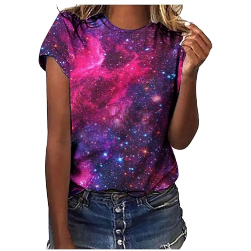 Galaxy Druck Ausgefallene Tshirt Damen Baumwolle Oberteile Langarmshirt V Ausschnitt Oberteil Lose T-Shirt Lässig Pullover Sweatshirt Basic Tshirt Tunika Top Bluse Einfarbig Casual T-Shirts von CSKJ