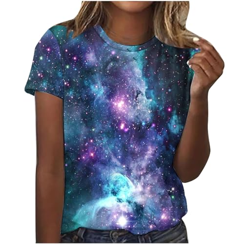 Galaxy Druck Tshirt Damen Ausgefallene Tshirt Lässige Oberteile Pullover T-Shirt Einfarbiges Basic Shirt Rundhals Kurzarm Sommer Tops Lockere All-Match Tunika Bluse Laufshirt Sportshirt von CSKJ