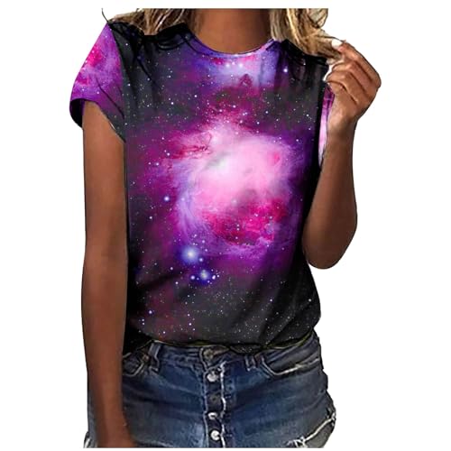 Galaxy Drucken Tshirt Damen Oversized Ausgefallene T Shirt Vintage T-Shirt Kurzarm Rundhals Sommer Oberteile Lose Bluse Lang Tunika Top für Teenager Mädchen von CSKJ