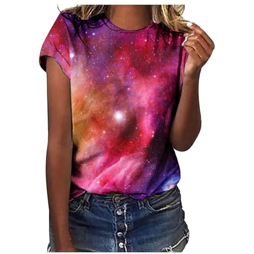 Galaxy Drucken Tshirt Damen Oversized Ausgefallene T Shirt Vintage T-Shirt Kurzarm Rundhals Sommer Oberteile Lose Bluse Lang Tunika Top für Teenager Mädchen von CSKJ