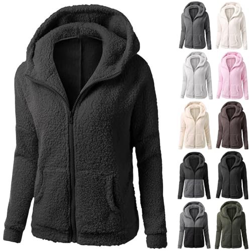 Geschenkgutschein Amazon - Fleecejacke Damen Kapuzenpullover Hoodie mit Zipper Teddyjacket Sweatshirt Basic Kapuzenjacke Causal Sweatjack Plüschjack Jacket Winter Warm Einfarbig Hoodies, schwarz, 4XL von CSKJ