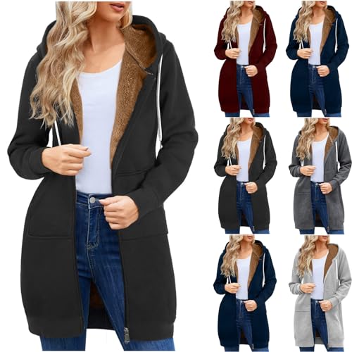 Gutschein Amazon Damen Hoodie Fleecejacke Kapuzenjacke mit Zip Winterjacke Lang Sweatjacke Warme Plüschjacke Pullover Einfarbig Casual Mantel Winter Kapuzenpullover Mit Reißverschluss, Schwarz, L von CSKJ