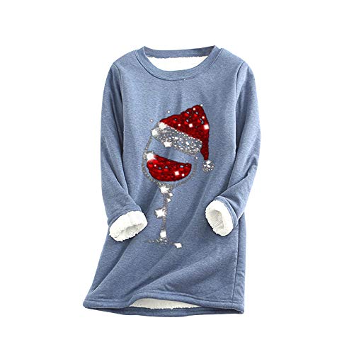 Gutschein Amazon Geburtstag Damen Teddy Fleece Sweatshirt Warmes Sherpa Gefüttertes Pullover Winter Casual Langarmshirt Obertei Einfarbig Thermounterwäsche, Blau, XXL von CSKJ