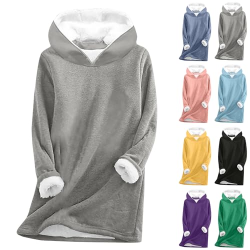 Gutschein Amazon Weihnachten - Hoodie Damen Kapuzenpullover Teddy Fleece Sweatshirt Warmes Sherpa Gefüttertes Pullover mit Kapuze Winter Casual Langarmshirt Einfarbig Thermounterwäsche, grau, XL von CSKJ