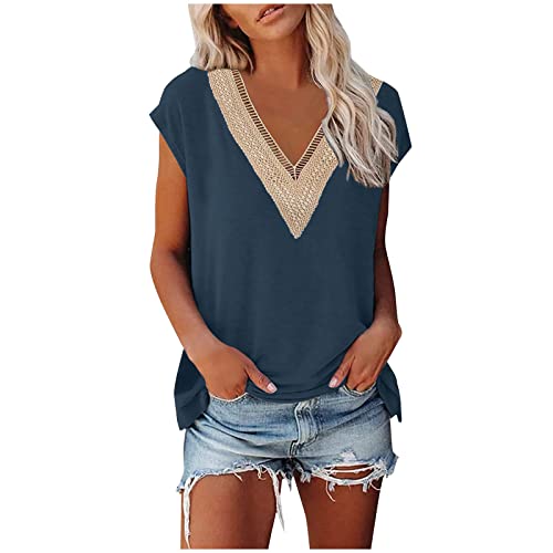 Heilig Abend Angebote - Damen Bluse Elegant Ärmellos T-Shirt V-Ausschnitte mit Spitzen Einfarbig Frauen Tops Shirt Frau Oberteile Sommer Tshirt Casual Klamotten Teenager Mädchen, Blau, L von CSKJ