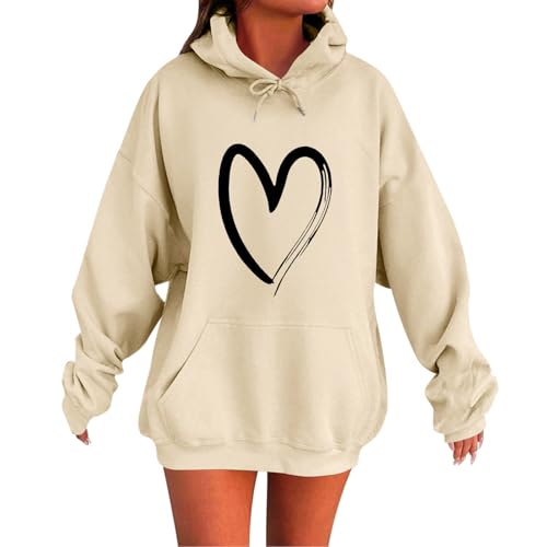 Hoodie Damen Herz-Print Kapuzenpullover Pullover Herbst Winter Casual Sweatshirt mit Kapuze Langarm Hoody mit Taschen Oberteile Outdoor Sport Streetwear für Frauen von CSKJ