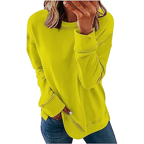 Hoodie Decke - Pullover Damen Sweatshirt Langarm Rundhals Pulli Herbst Winter Frauen Unifarben Locker Casual Oberteil Sport Streetwear Sweatshirts ohne Kapuze Bluse Tops, Gelb, M von CSKJ