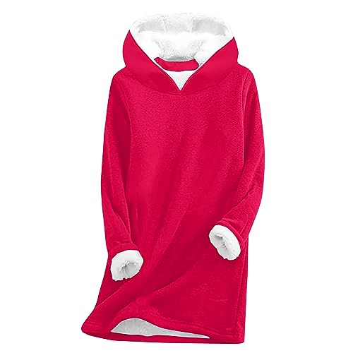 Hoodies Für Damen - Hoodie Damen Kapuzenpullover Teddy Fleece Sweatshirt Warmes Sherpa Gefüttertes Pullover mit Kapuze Winter Casual Langarmshirt Oberteile Einfarbig Thermounterwäsche, rot, XL von CSKJ