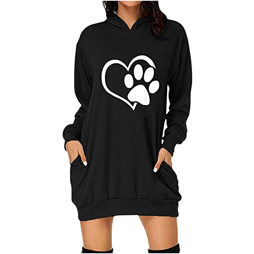 Hoodies für Damen Hoodie Damen Lang Casual Langarm Pullover Sweatshirt mit Kapuze Taschen Lose Kapuzenpullover Mini Kleid Elegante Herbst Winter Oversized Pulloverkleider Hoodie Kleid, Schwarz, XXL von CSKJ