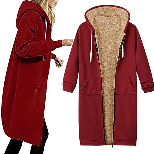 Jacken Damen - Winterjacke Damen Teddy Fleecejacke Warm Gefüttert Winter Plüschjacke Lang Einfarbig Winterpullover Hooded Jacke Casual Kapuzenpullover mit Tasche, Rot, XL von CSKJ