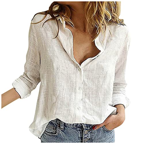 Junggesellinnenabschied Angebote - Damen Hemdbluse Langarmshirt mit V-Ausschnitt Leichte Leinenhemd Elegante Knopfleiste Leinenbluse Lockere Frauen Oberteile Casual Business Revers Tshirts, Weiß, M von CSKJ