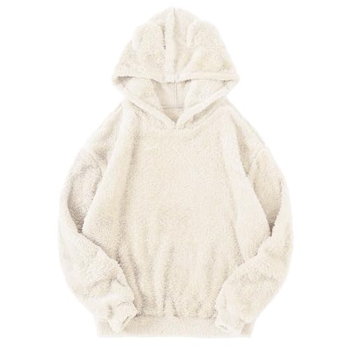 Kapuzenjacke Damen Teddy Pullover Damen Flauschig Pulli Fleece Weich Herbst Winter Warm Kapuzenpullover Casual Sweatshirt Winter Warm Plüsch Kapuzenpullis Langarm Oberteile Top, Weiß, L von CSKJ