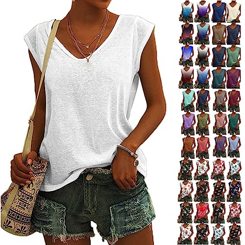 Karneval Angebote - Bluse Damen Elegant Ärmellos T-Shirt Einfarbig Frauen Kleidung Tops Shirt Lässig Frau Oberteile Sommer Tshirt V-Ausschnitte Klamotten Teenager Mädchen, Weiß, S von CSKJ