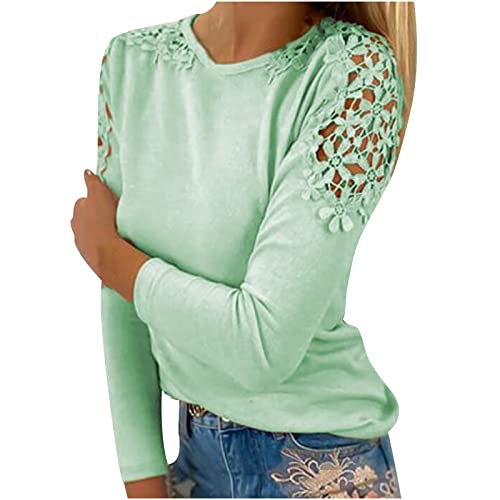 Langarmshirt Damen Lässig Sweatshirt Damen Spitzen Oberteile Damen Einfarbig Tshirt Damen Lockere Rundhals Bluse Damen Elegant Y2k Top Shirt Langarm Damen Pullover Damen Sommer Frühling Kostüm Damen von CSKJ