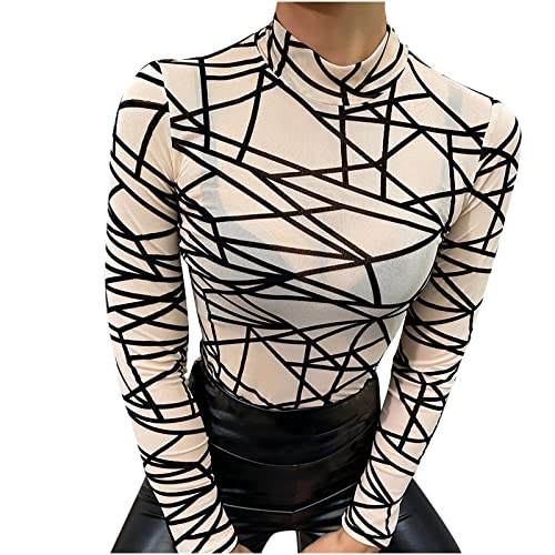 Langarmshirt Damen Sommer Hoher Kragen Transparent Shirt Langarm Damen Bedrucken Bluse Damen Elegant Slim Fit Tshirt Y2k Top Oberteile Damen Lässig Crop Top Frühling Kostüm Damen von CSKJ