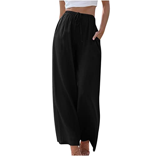 Leinenhose Damen Sommer Freizeit Hose Lang Locker Sommerhose Casual Einfarbig Leinenhose Baumwolle Gerades Bein Stoffhose Leicht Einfarbig Strandhose mit Kordelzug und Taschen Sommerhose Leicht von CSKJ