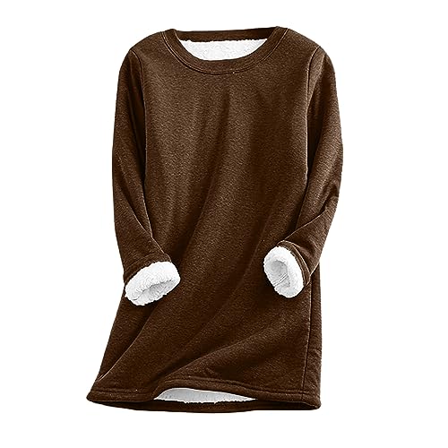 Longpullover Für Damen - Damen Teddy Fleece Sweatshirt Warme Sherpa Gefüttertes Pullover Herbst Winter Casual Pulli Langarmshirt Oberteile Tops Rundhals Einfarbig Thermounterwäsche, Kaffee, L von CSKJ