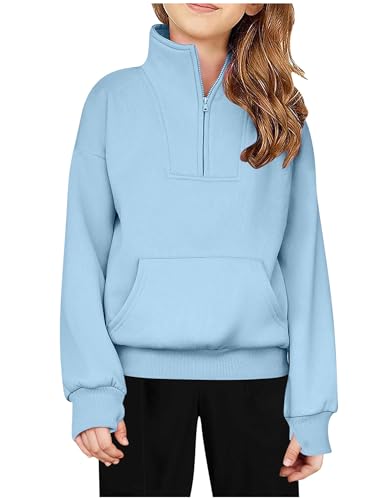 Mädchen Sweatshirt Langarmshirt Pullover Halber Reißverschluss Kinder Kleidung Stand Kragen Langarm Fleece Kapuzenjacke mit Taschen Daumenloch 5-14 Jahre Oberteile Lässige Casual Tops von CSKJ
